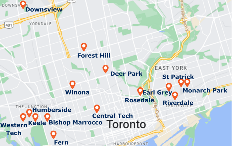 Map of private & semi-private kids Swim Program Locations in Toronto