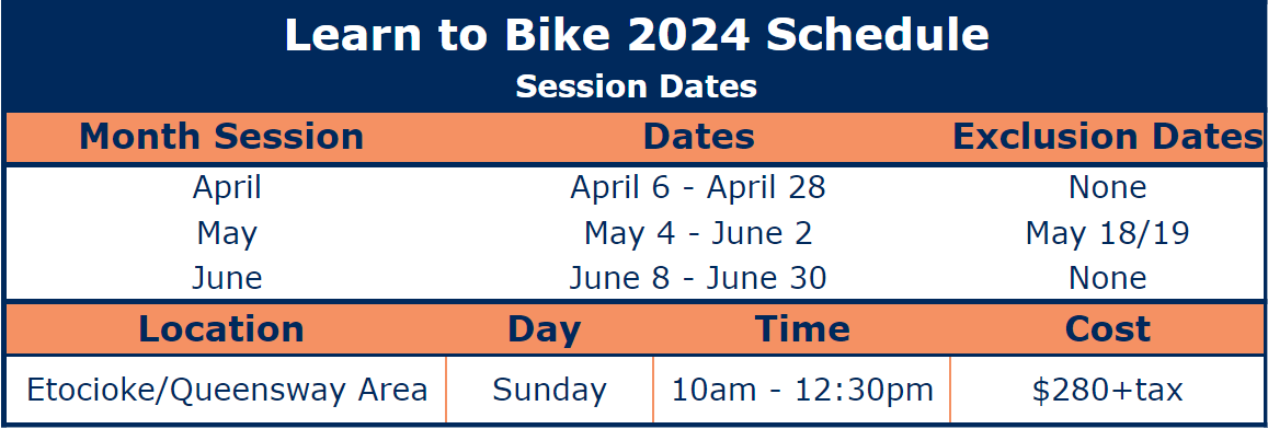 Etobicoke, Toronto, Learn to Bike Spring 2024 Schedule
