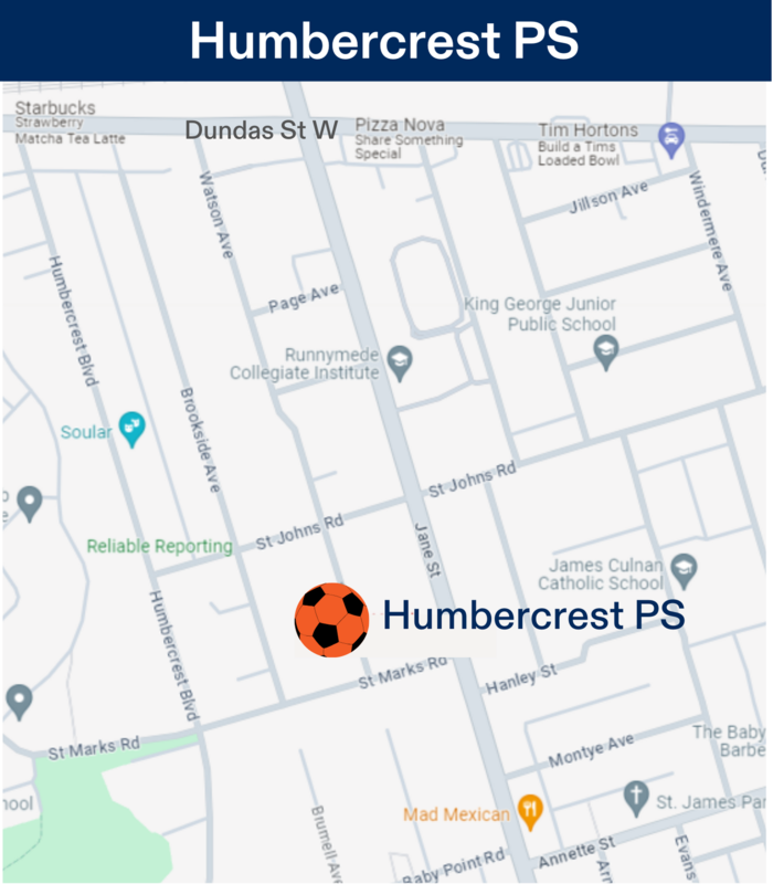 Spring 3V3 Soccer at Humbercrest PS in High Park Location Map