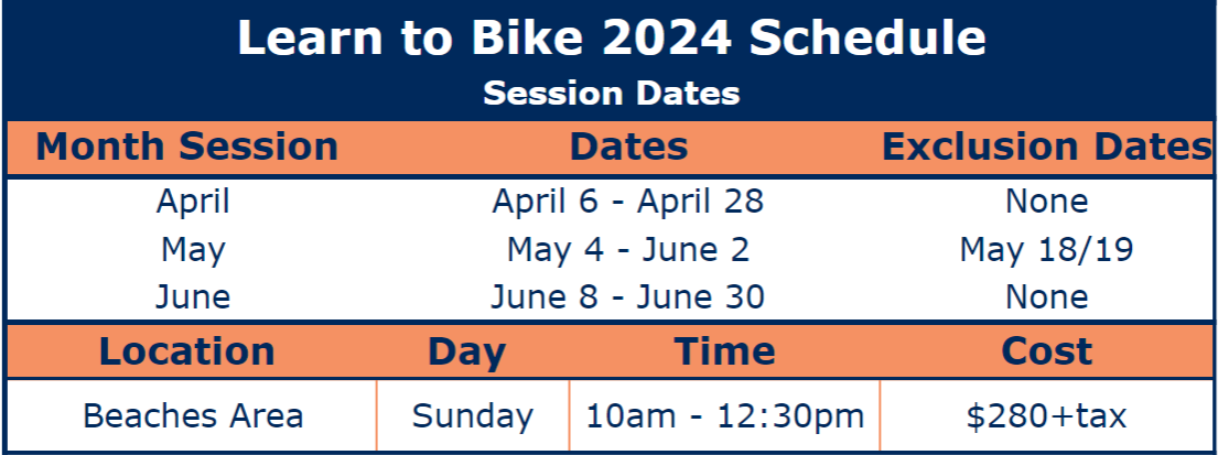Beaches, Toronto, Learn to Bike Spring 2024 Schedule
